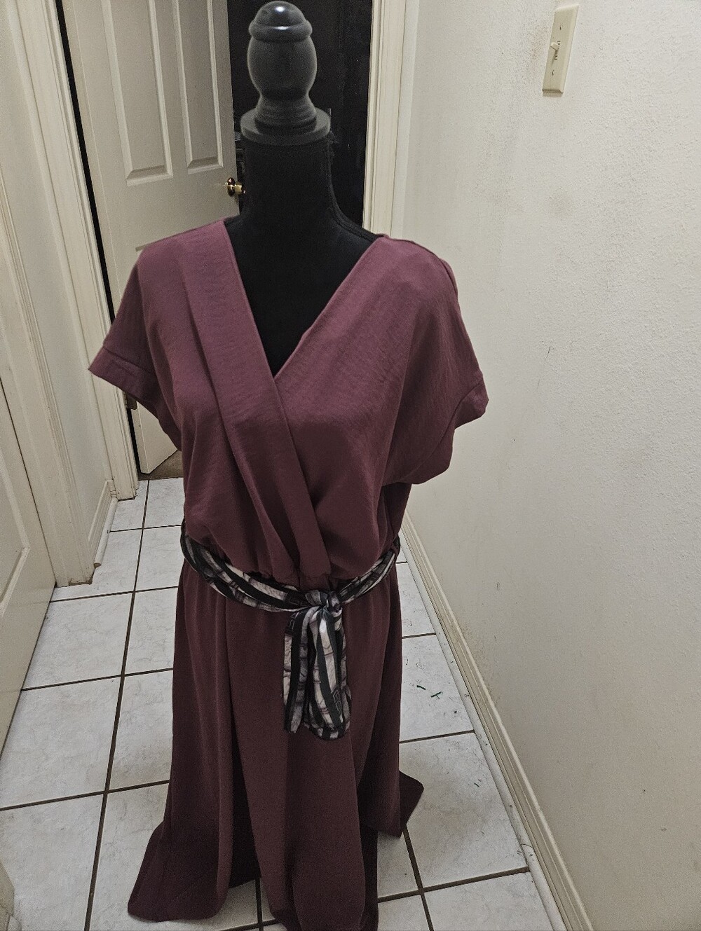 Sleeveless Wrap-Style Women’s Dress in Grapeish Color with Decorative Tie Belt
